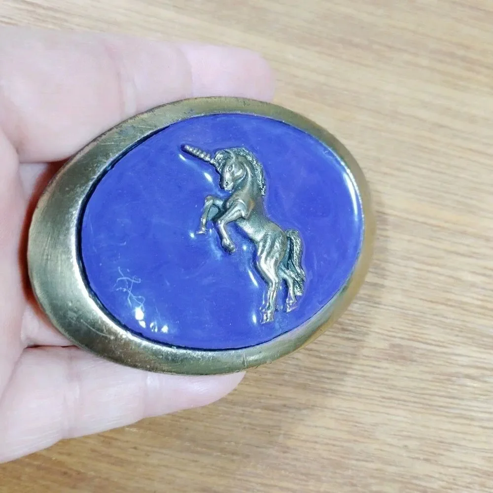 Vintage Unicorn Belt Buckle Great American USA Purple Enamel Mythical Magical